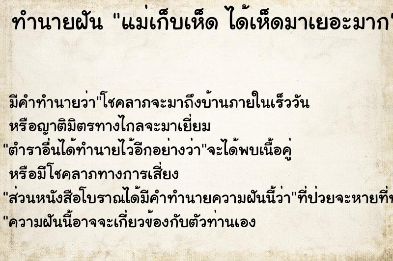 ทำนายฝัน แม่เก็บเห็ด ได้เห็ดมาเยอะมาก